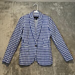 J Crew 100% Linen Campbell Blazer Jacket Blue White Gingham Check Size 00 #E9060